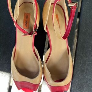 Miz Mooz Red and Tan Peep Toe Heels